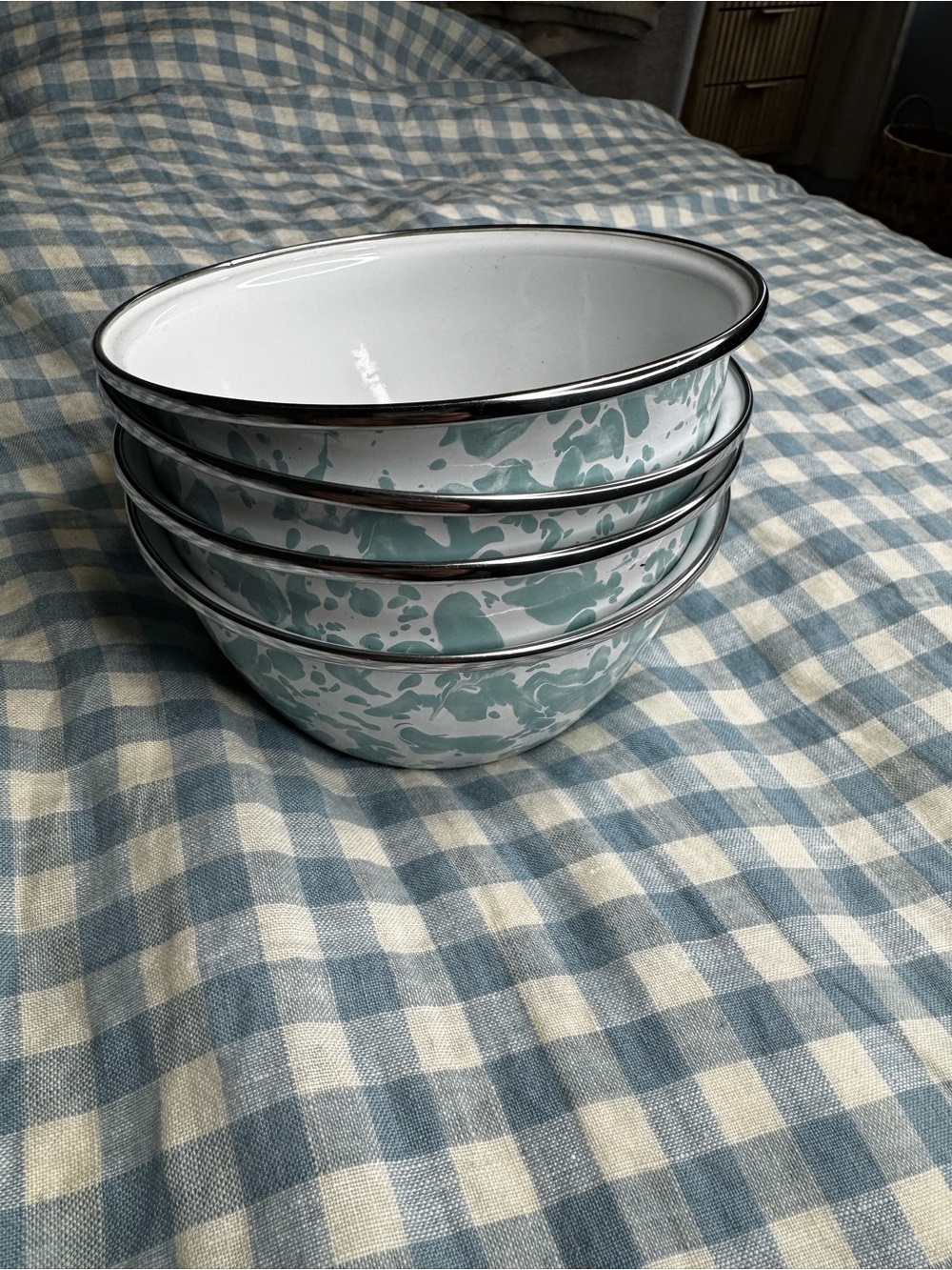 Speckled Green Enamel Dinner Bowls - Set of 4